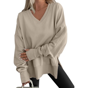 image:imageANRABESS Sweatshirts for Women Oversized V Neck Fleece Outfits  Thumbhole Long Sleeve amp Side Slits Soft Cozy Warm Pullover Tops Casual Going Out Daily Wear Winter Fall Fashion OutfitsLight Khaki