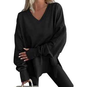 image:imageANRABESS Sweatshirts for Women Oversized V Neck Fleece Outfits  Thumbhole Long Sleeve amp Side Slits Soft Cozy Warm Pullover Tops Casual Going Out Daily Wear Winter Fall Fashion OutfitsBlack