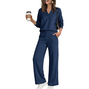 image:imageANRABESS Womens 2 Piece Outfits V Neck Sweatsuit Lounge Sets  Raglan Top amp Wide Leg Pants Loose WrinkleFree Loungewear Daily Travel Airport Matching Sets Fall Winter ClothingNavy Blue