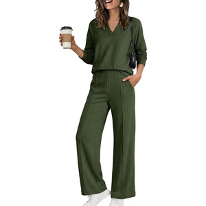 image:imageANRABESS Womens 2 Piece Outfits V Neck Sweatsuit Lounge Sets  Raglan Top amp Wide Leg Pants Loose WrinkleFree Loungewear Daily Travel Airport Matching Sets Fall Winter ClothingArmy Green