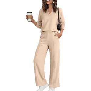 image:imageANRABESS Womens 2 Piece Outfits V Neck Sweatsuit Lounge Sets  Raglan Top amp Wide Leg Pants Loose WrinkleFree Loungewear Daily Travel Airport Matching Sets Fall Winter ClothingAlmond