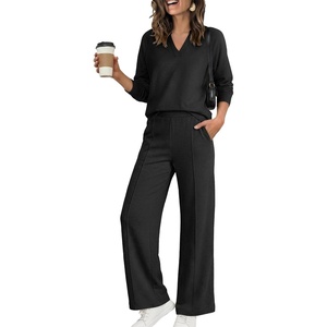 image:imageANRABESS Womens 2 Piece Outfits V Neck Sweatsuit Lounge Sets  Raglan Top amp Wide Leg Pants Loose WrinkleFree Loungewear Daily Travel Airport Matching Sets Fall Winter ClothingBlack