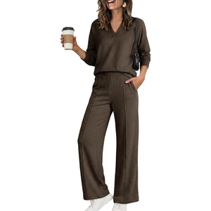 image:imageANRABESS Womens 2 Piece Outfits V Neck Sweatsuit Lounge Sets  Raglan Top amp Wide Leg Pants Loose WrinkleFree Loungewear Daily Travel Airport Matching Sets Fall Winter ClothingDark Brown