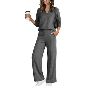 image:imageANRABESS Womens 2 Piece Outfits V Neck Sweatsuit Lounge Sets  Raglan Top amp Wide Leg Pants Loose WrinkleFree Loungewear Daily Travel Airport Matching Sets Fall Winter ClothingDark Grey
