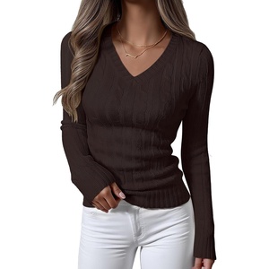 image:imageANRABESS Womens Cable Knit V Neck Fitted Sweaters  Long Sleeve Pullover Top Soft Cozy Business Casual Work amp Basic Daily Wear Fall Spring Outfits Winter Layer ClothingDeep Brown