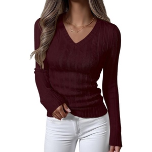 image:imageANRABESS Womens Cable Knit V Neck Fitted Sweaters  Long Sleeve Pullover Top Soft Cozy Business Casual Work amp Basic Daily Wear Fall Spring Outfits Winter Layer ClothingBurgundy