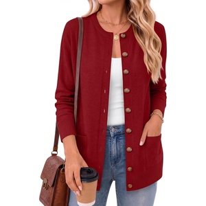image:imageANRABESS Womens Cardigans 2026 Fall Dressy Casual Long Sleeve Crewneck Button Down Open Front Soft Knit Cardigan Sweaters Red XLarge