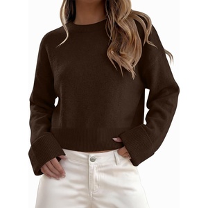 image:imageANRABESS Womens Cropped Crewneck Long Sleeve Pullover Sweaters  Business Casual TopsRibbed Hem Rolled CuffsSoft Anti Pill Textured FabricDaily Office WorkFall Winter Layer ClothesCoffee