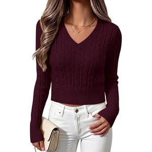 image:imageANRABESS Womens Long Sleeve Cable Knit Cropped Sweater  V Neck Slim Fit Pullover Tops Soft Cozy Comfort Warm Business Casual Outfits Work OfficeampBasic Wear Fall Winter ClothingDark Red