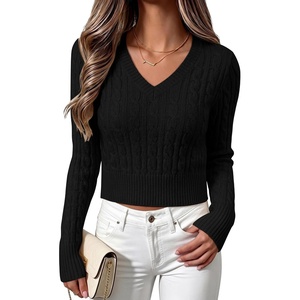 image:imageANRABESS Womens Long Sleeve Cable Knit Cropped Sweater  V Neck Slim Fit Pullover Tops Soft Cozy Comfort Warm Business Casual Outfits Work OfficeampBasic Wear Fall Winter ClothingBlack