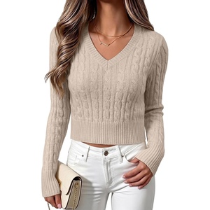 image:imageANRABESS Womens Long Sleeve Cable Knit Cropped Sweater  V Neck Slim Fit Pullover Tops Soft Cozy Comfort Warm Business Casual Outfits Work OfficeampBasic Wear Fall Winter ClothingAlmond