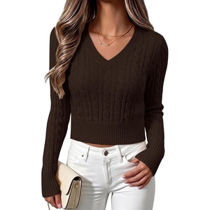 image:imageANRABESS Womens Long Sleeve Cable Knit Cropped Sweater  V Neck Slim Fit Pullover Tops Soft Cozy Comfort Warm Business Casual Outfits Work OfficeampBasic Wear Fall Winter ClothingCoffee