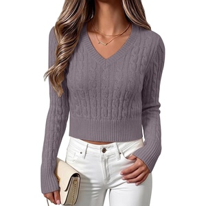 image:imageANRABESS Womens Long Sleeve Cable Knit Cropped Sweater  V Neck Slim Fit Pullover Tops Soft Cozy Comfort Warm Business Casual Outfits Work OfficeampBasic Wear Fall Winter ClothingNutmeg