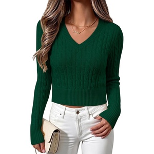 image:imageANRABESS Womens Long Sleeve Cable Knit Cropped Sweater  V Neck Slim Fit Pullover Tops Soft Cozy Comfort Warm Business Casual Outfits Work OfficeampBasic Wear Fall Winter ClothingForest Green