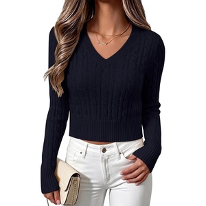 image:imageANRABESS Womens Long Sleeve Cable Knit Cropped Sweater  V Neck Slim Fit Pullover Tops Soft Cozy Comfort Warm Business Casual Outfits Work OfficeampBasic Wear Fall Winter ClothingNavy Blue