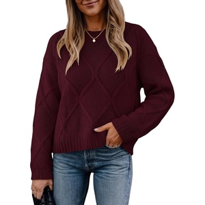 image:imageANRABESS Womens Long Sleeve Cable Knit Cropped Sweaters  Crew Neck Loose Pullover Tops Cozy Soft Warm Business Casual Work Office Daily Wear Fall Winter Trendy ClothingBurgundy