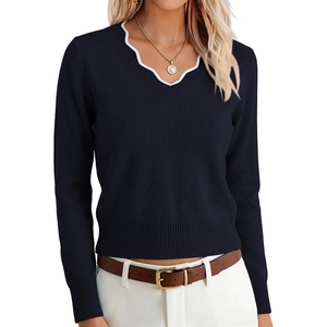 image:imageANRABESS Womens Long Sleeve Cropped Pullover Sweaters  V Neck Scalloped Lightweight Sweater Tops Soft Comfy Business Casual Work Travel Vacation Fall Winter Layer ClothingNavy White