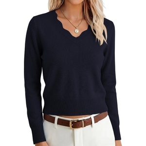 image:imageANRABESS Womens Long Sleeve Cropped Pullover Sweaters  V Neck Scalloped Lightweight Sweater Tops Soft Comfy Business Casual Work Travel Vacation Fall Winter Layer ClothingNavy Blue
