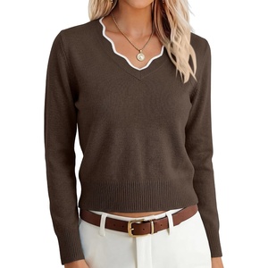 image:imageANRABESS Womens Long Sleeve Cropped Pullover Sweaters  V Neck Scalloped Lightweight Sweater Tops Soft Comfy Business Casual Work Travel Vacation Fall Winter Layer ClothingBrown White