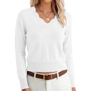 image:imageANRABESS Womens Long Sleeve Cropped Pullover Sweaters  V Neck Scalloped Lightweight Sweater Tops Soft Comfy Business Casual Work Travel Vacation Fall Winter Layer ClothingWhite