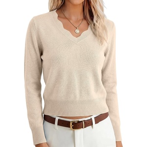 image:imageANRABESS Womens Long Sleeve Cropped Pullover Sweaters  V Neck Scalloped Lightweight Sweater Tops Soft Comfy Business Casual Work Travel Vacation Fall Winter Layer ClothingAlmond