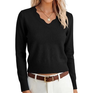 image:imageANRABESS Womens Long Sleeve Cropped Pullover Sweaters  V Neck Scalloped Lightweight Sweater Tops Soft Comfy Business Casual Work Travel Vacation Fall Winter Layer ClothingBlack