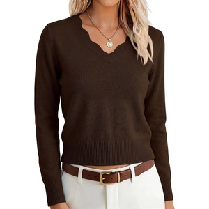 image:imageANRABESS Womens Long Sleeve Cropped Pullover Sweaters  V Neck Scalloped Lightweight Sweater Tops Soft Comfy Business Casual Work Travel Vacation Fall Winter Layer ClothingCoffee