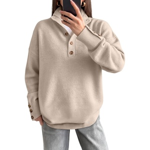 image:imageANRABESS Womens Long Sleeve Knit Shirts Henley Sweater  Turtle Neck Button Placket Soft Pullover Top Loose Fit Trendy Business Casual Work WearFall Fashion Winter ClothingAlmond