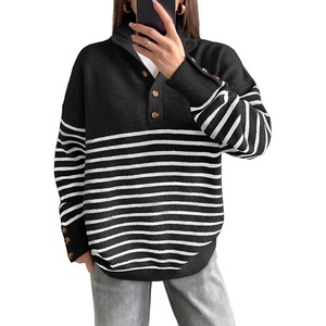 image:imageANRABESS Womens Long Sleeve Knit Shirts Henley Sweater  Turtle Neck Button Placket Soft Pullover Top Loose Fit Trendy Business Casual Work WearFall Fashion Winter ClothingBlack White Stripe