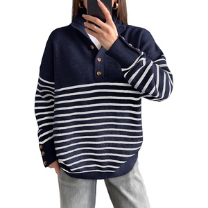 image:imageANRABESS Womens Long Sleeve Knit Shirts Henley Sweater  Turtle Neck Button Placket Soft Pullover Top Loose Fit Trendy Business Casual Work WearFall Fashion Winter ClothingNavy Blue White Stripe