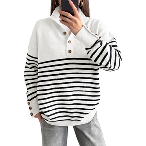 image:imageANRABESS Womens Long Sleeve Knit Shirts Henley Sweater  Turtle Neck Button Placket Soft Pullover Top Loose Fit Trendy Business Casual Work WearFall Fashion Winter ClothingWhite Black Stripe