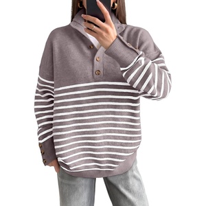 image:imageANRABESS Womens Long Sleeve Knit Shirts Henley Sweater  Turtle Neck Button Placket Soft Pullover Top Loose Fit Trendy Business Casual Work WearFall Fashion Winter ClothingNutmeg White Stripe
