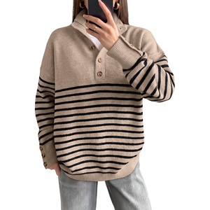 image:imageANRABESS Womens Long Sleeve Knit Shirts Henley Sweater  Turtle Neck Button Placket Soft Pullover Top Loose Fit Trendy Business Casual Work WearFall Fashion Winter ClothingTan Black Stripe