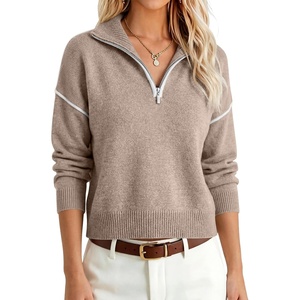 image:imageANRABESS Womens Quarter Zip Collared Cropped Pullover Sweaters  Long Sleeve V Neck Soft Ribbed Knit Shirts Loose Fit Business Casual Tops Fall Winter OutfitsTan