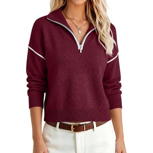 image:imageANRABESS Womens Quarter Zip Collared Cropped Pullover Sweaters  Long Sleeve V Neck Soft Ribbed Knit Shirts Loose Fit Business Casual Tops Fall Winter OutfitsBurgundy