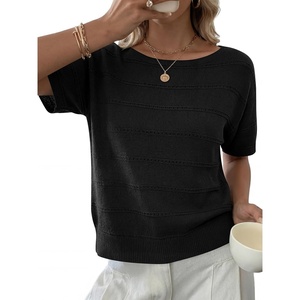image:imageANRABESS Womens Short Sleeve Sweater Spring Summer Fall Outfits  Boat Neck Hollow Out Tops Comfy Lightweight Knit Pullover Classic Sweater Shirts Beach Travel Vacation ClothesBlack