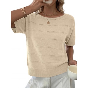 image:imageANRABESS Womens Short Sleeve Sweater Spring Summer Fall Outfits  Boat Neck Hollow Out Tops Comfy Lightweight Knit Pullover Classic Sweater Shirts Beach Travel Vacation ClothesBeige
