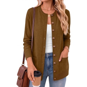 image:imageANRABESS Womens Cardigans 2026 Fall Dressy Casual Long Sleeve Crewneck Button Down Open Front Soft Knit Cardigan SweatersCaramel