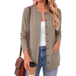 image:imageANRABESS Womens Cardigans 2026 Fall Dressy Casual Long Sleeve Crewneck Button Down Open Front Soft Knit Cardigan SweatersTan