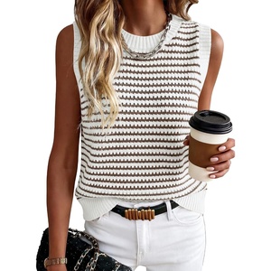 image:imageANRABESS Womens Sleeveless Sweater Vest Striped Tank Tops  Crochet Knit Crew Neck Lightweight Soft Comfy Vacation Travel Work Casual Outfits Sping Summer Layering ClothesWhite Brown