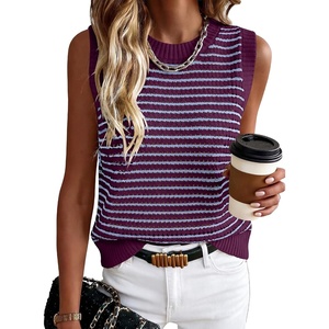 image:imageANRABESS Womens Sleeveless Sweater Vest Striped Tank Tops  Crochet Knit Crew Neck Lightweight Soft Comfy Vacation Travel Work Casual Outfits Sping Summer Layering ClothesDark Magnta Blue