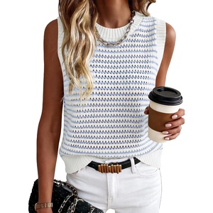 image:imageANRABESS Womens Sleeveless Sweater Vest Striped Tank Tops  Crochet Knit Crew Neck Lightweight Soft Comfy Vacation Travel Work Casual Outfits Sping Summer Layering ClothesWhite Light Blue