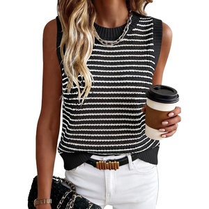 image:imageANRABESS Womens Sleeveless Sweater Vest Striped Tank Tops  Crochet Knit Crew Neck Lightweight Soft Comfy Vacation Travel Work Casual Outfits Sping Summer Layering ClothesBlack White