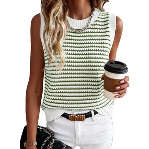 image:imageANRABESS Womens Sleeveless Sweater Vest Striped Tank Tops  Crochet Knit Crew Neck Lightweight Soft Comfy Vacation Travel Work Casual Outfits Sping Summer Layering ClothesWhite Army Green
