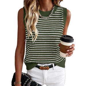 image:imageANRABESS Womens Sleeveless Sweater Vest Striped Tank Tops  Crochet Knit Crew Neck Lightweight Soft Comfy Vacation Travel Work Casual Outfits Sping Summer Layering ClothesArmy Green White