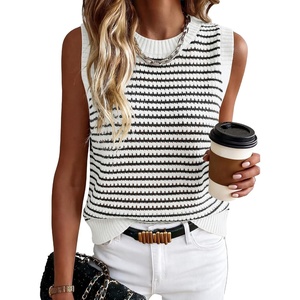 image:imageANRABESS Womens Sleeveless Sweater Vest Striped Tank Tops  Crochet Knit Crew Neck Lightweight Soft Comfy Vacation Travel Work Casual Outfits Sping Summer Layering ClothesWhite Black