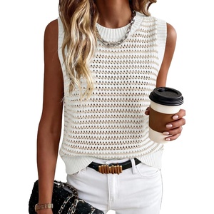 image:imageANRABESS Womens Sleeveless Sweater Vest Striped Tank Tops  Crochet Knit Crew Neck Lightweight Soft Comfy Vacation Travel Work Casual Outfits Sping Summer Layering ClothesWhite Apricot