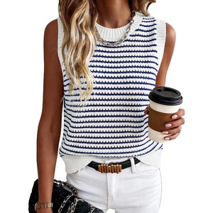 image:imageANRABESS Womens Sleeveless Sweater Vest Striped Tank Tops  Crochet Knit Crew Neck Lightweight Soft Comfy Vacation Travel Work Casual Outfits Sping Summer Layering ClothesWhite Navy Blue