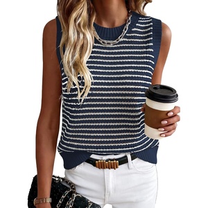 image:imageANRABESS Womens Sleeveless Sweater Vest Striped Tank Tops  Crochet Knit Crew Neck Lightweight Soft Comfy Vacation Travel Work Casual Outfits Sping Summer Layering ClothesNavy Blue White