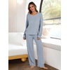 image:imageANRABESS Women 2 Piece Lounge Pajamas Sets Casual Ribbed Knit Long Sleeve Top Pants Matching Set 2026 Fall Outfits ClothesBlue